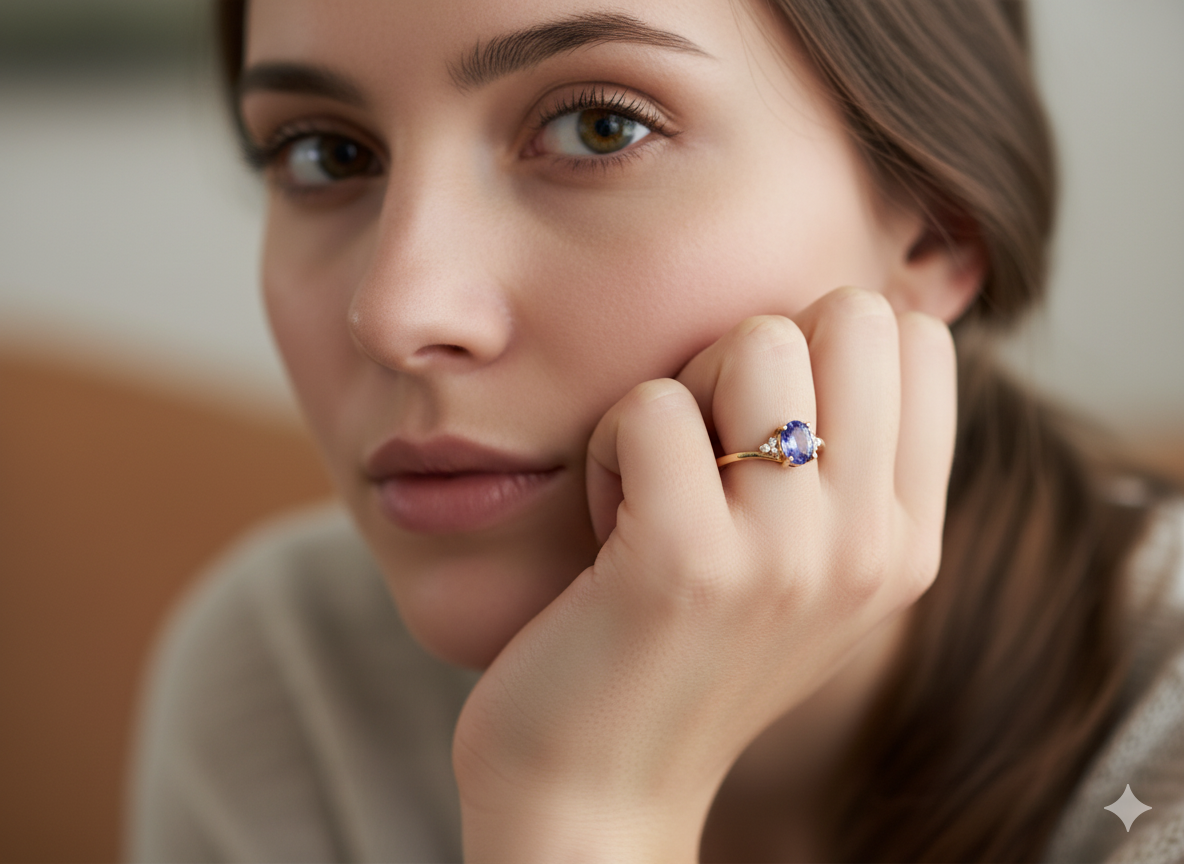 An pretty 18 carat Yellow Gold Tanzanite and Diamond Ring