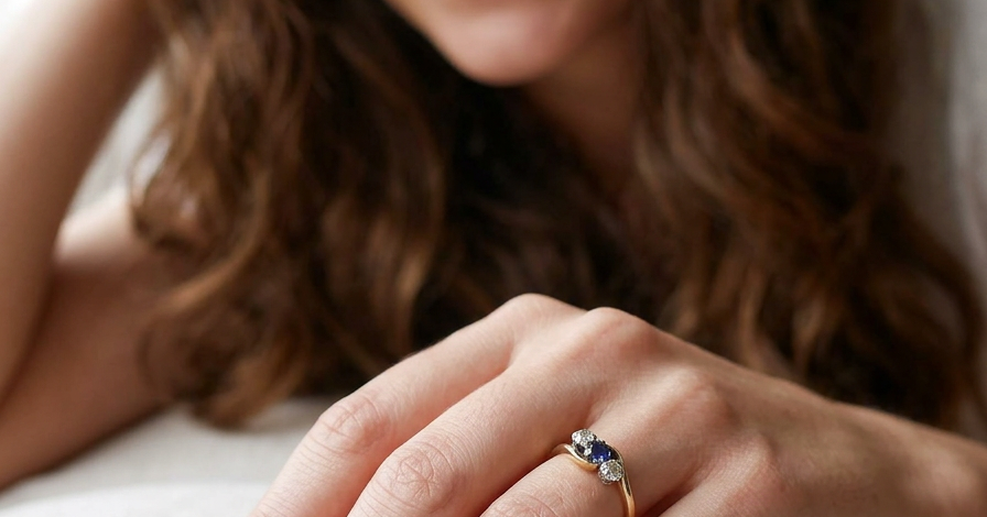 model An 18 carat gold three stone cross over ring.
Centre stone a round sapphire 4mm diameter. Each side a brilliant cut white diamond 4mm diameter (0.25 carats estimated), colour i-k, clarity Si.