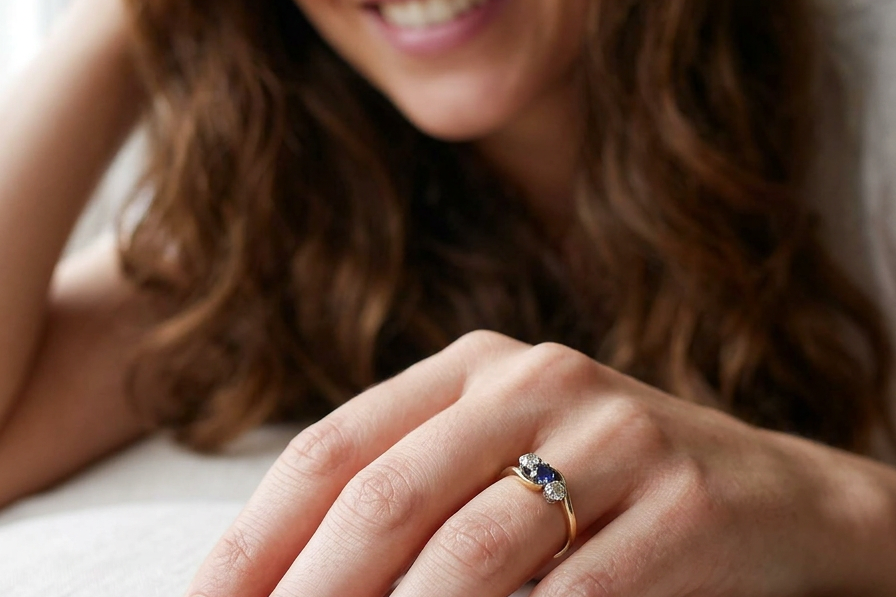 model An 18 carat gold three stone cross over ring.
Centre stone a round sapphire 4mm diameter. Each side a brilliant cut white diamond 4mm diameter (0.25 carats estimated), colour i-k, clarity Si.