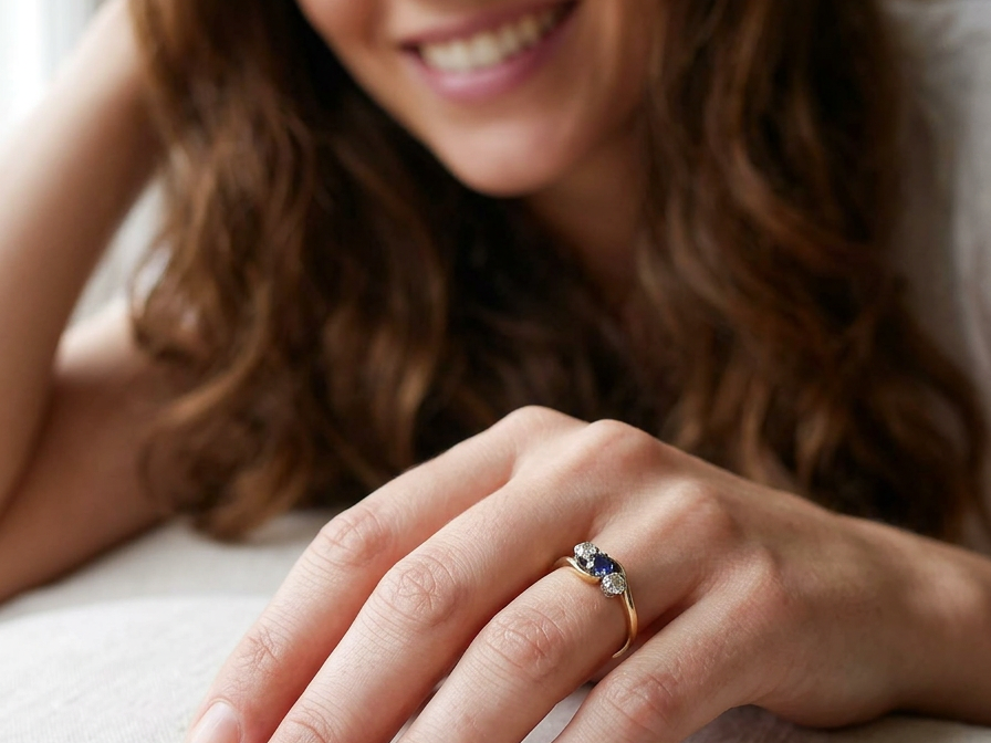 model An 18 carat gold three stone cross over ring.
Centre stone a round sapphire 4mm diameter. Each side a brilliant cut white diamond 4mm diameter (0.25 carats estimated), colour i-k, clarity Si.