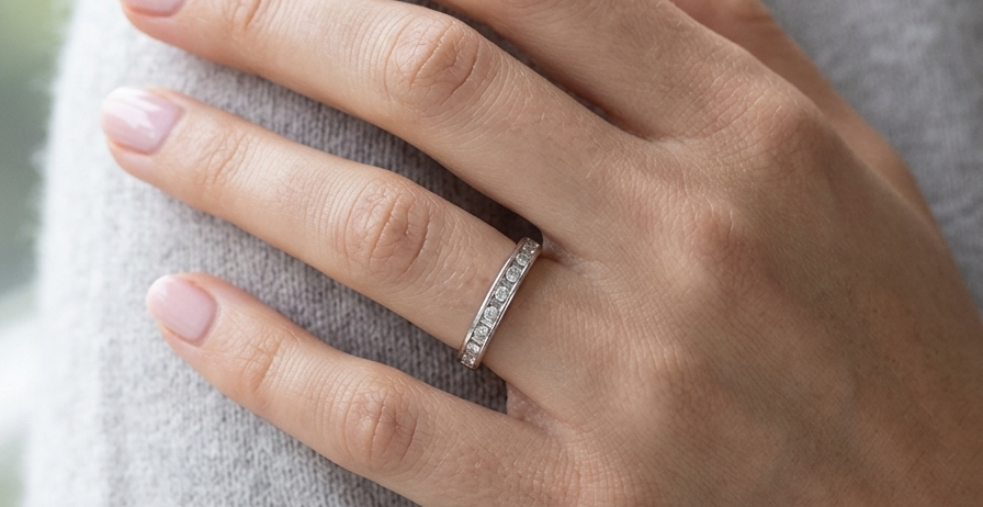 model An 18 carat white gold half hoop eternity ring. Mixed cuts of white diamonds which consist of seven round brilliant stones, each 2mm diameter and eight baguette cut stones, each 2x1.5mm. Estimated total 0.50 carats.