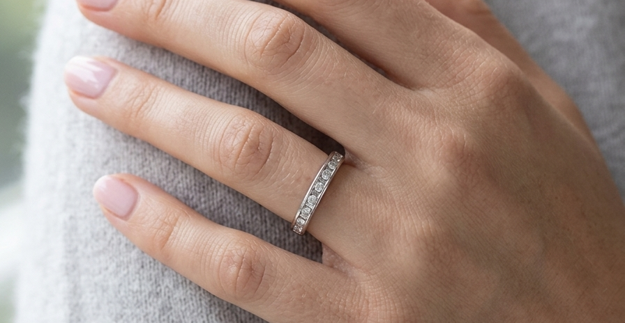 model An 18 carat white gold half hoop eternity ring. Mixed cuts of white diamonds which consist of seven round brilliant stones, each 2mm diameter and eight baguette cut stones, each 2x1.5mm. Estimated total 0.50 carats.