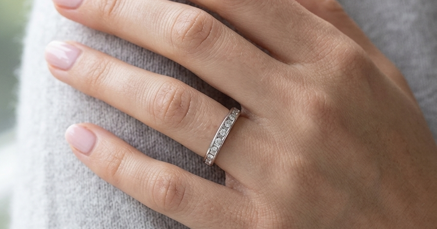 model An 18 carat white gold half hoop eternity ring. Mixed cuts of white diamonds which consist of seven round brilliant stones, each 2mm diameter and eight baguette cut stones, each 2x1.5mm. Estimated total 0.50 carats.