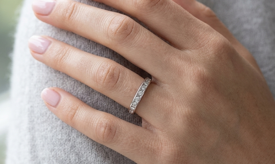 model An 18 carat white gold half hoop eternity ring. Mixed cuts of white diamonds which consist of seven round brilliant stones, each 2mm diameter and eight baguette cut stones, each 2x1.5mm. Estimated total 0.50 carats.