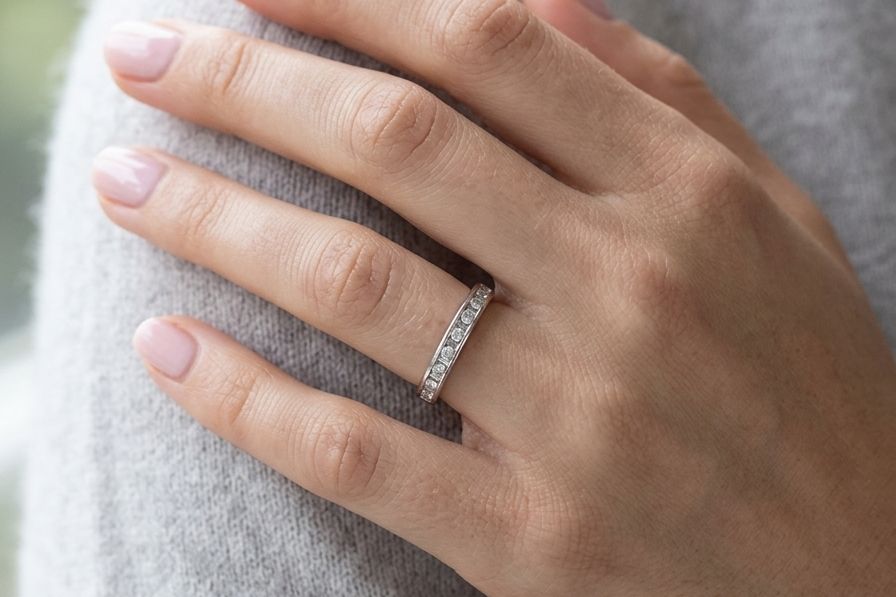 model An 18 carat white gold half hoop eternity ring. Mixed cuts of white diamonds which consist of seven round brilliant stones, each 2mm diameter and eight baguette cut stones, each 2x1.5mm. Estimated total 0.50 carats.