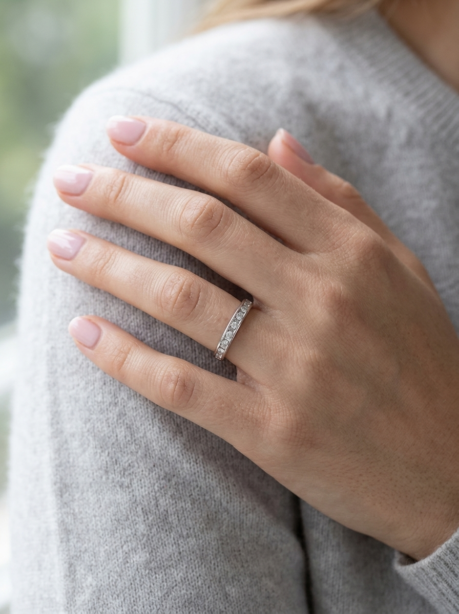 model An 18 carat white gold half hoop eternity ring. Mixed cuts of white diamonds which consist of seven round brilliant stones, each 2mm diameter and eight baguette cut stones, each 2x1.5mm. Estimated total 0.50 carats.