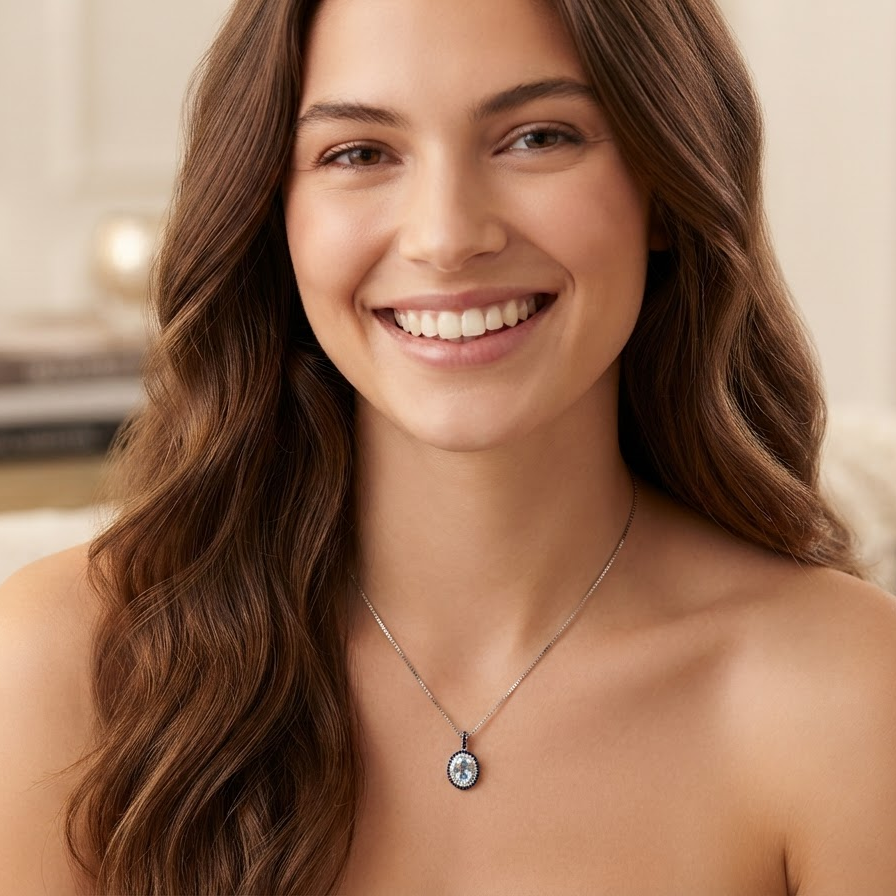 A smiling woman with long wavy brown hair wears a delicate silver pendant necklace with a circular blue and white medallion. The background is a softly blurred, warm-toned indoor setting.