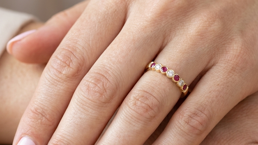 model An 18 carat yellow gold half hoop eternity ring. Set with four rubies, 3mm each.
Set with alternate diamonds, each 3mm (0.10 carats each) colour i-j, clarity Si.