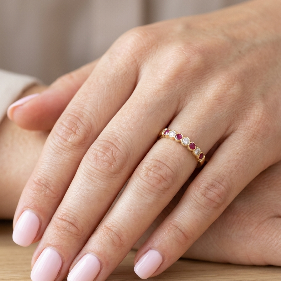 model An 18 carat yellow gold half hoop eternity ring. Set with four rubies, 3mm each.
Set with alternate diamonds, each 3mm (0.10 carats each) colour i-j, clarity Si.