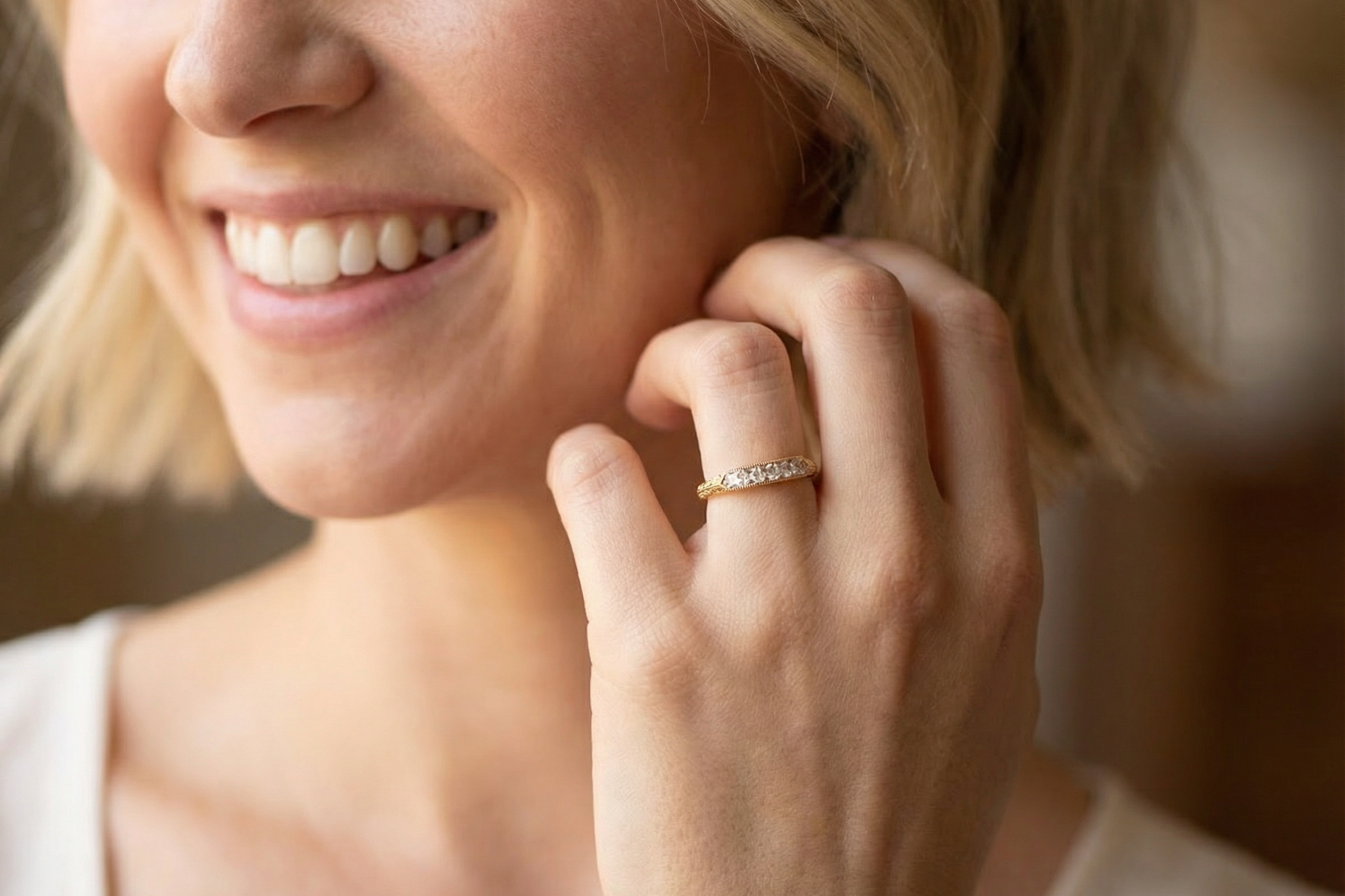 model An attractive half hoop diamond eternity ring. Set with six step cut white diamonds, tbhat sit side by side, the colour estimated at H-i, clarity Si.