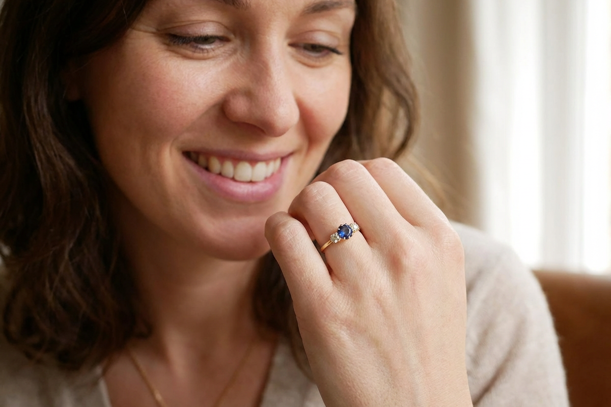 model An early 20th-century trilogy ring set with a mid to dark cornflower blue central sapphire,