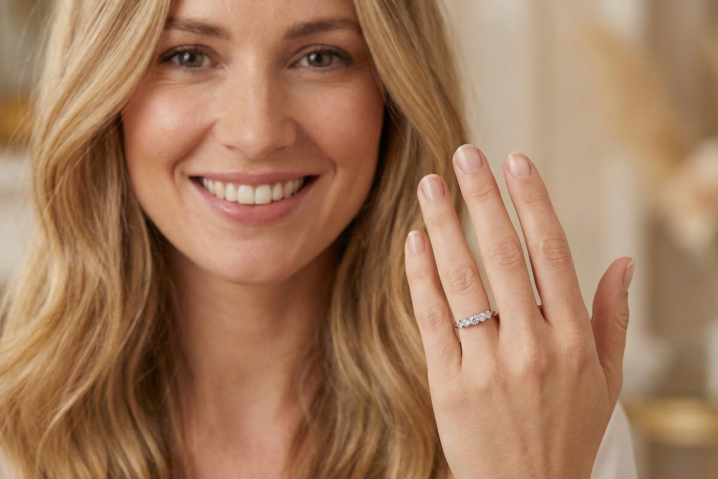 model An elegant 18 carat white gold five-stone ring set with brilliant-cut white diamonds. The centre diamond measures 3.4mm, flanked by two 3.0mm stones and finished with 2.8mm diamonds at each end, creating a beautifully balanced graduated design.