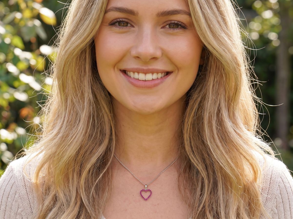 model An elegant and beautifully crafted open heart pendant, set with a delightful arrangement of delicate pink sapphires, creating a charming and feminine design.