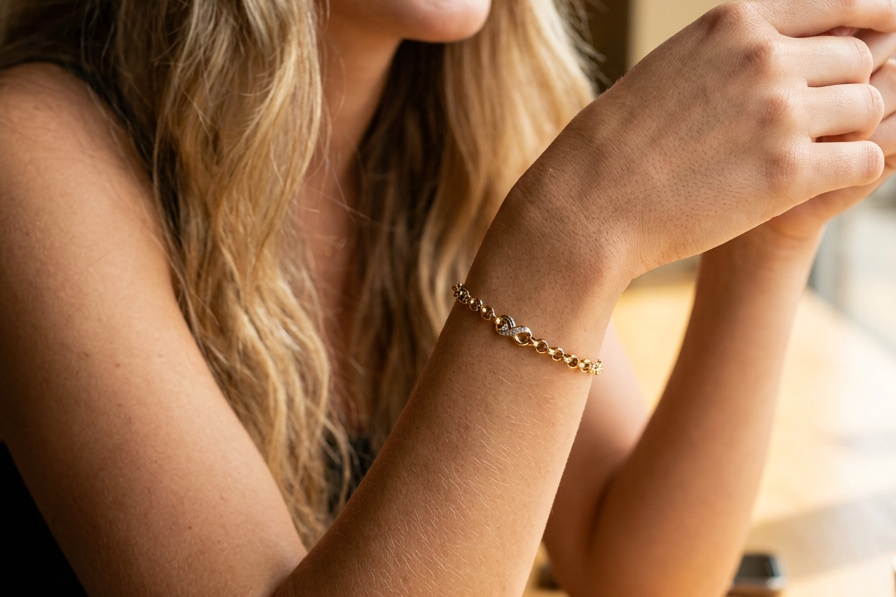 model An elegant and wearable 9 carat gold bracelet featuring distinctive diamond-set “kiss” style links, beautifully balanced with classic belcher connectors.