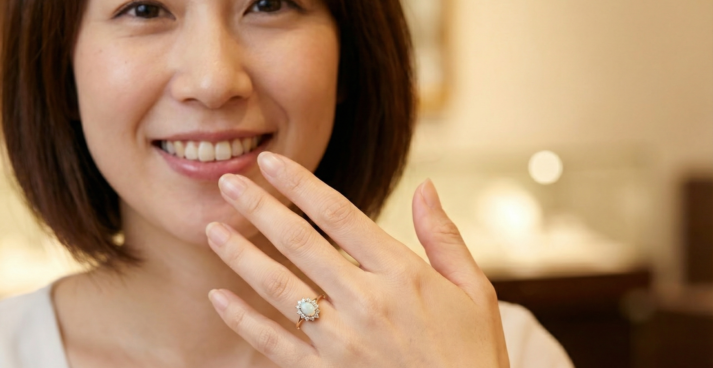 model An elegant cluster ring featuring a white opal centre stone measuring 6 × 4mm, displaying a lively and attractive play of colour.