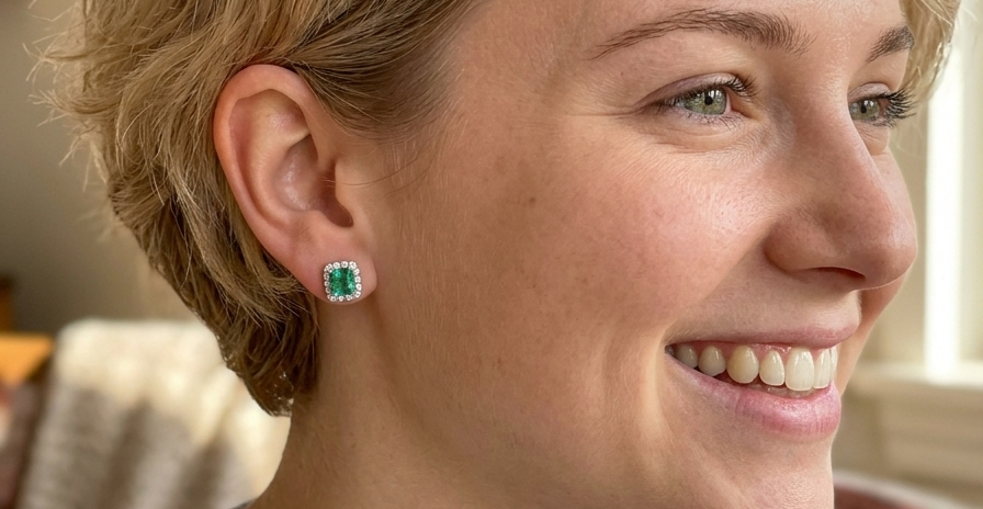model An exceptional pair of cluster earrings. Each of these beautiful earrings is set with a stunning square cut emerald, measures 7x7mm (est carat size 1.8 carats) excellent colour and clarity with just a few inclusions.