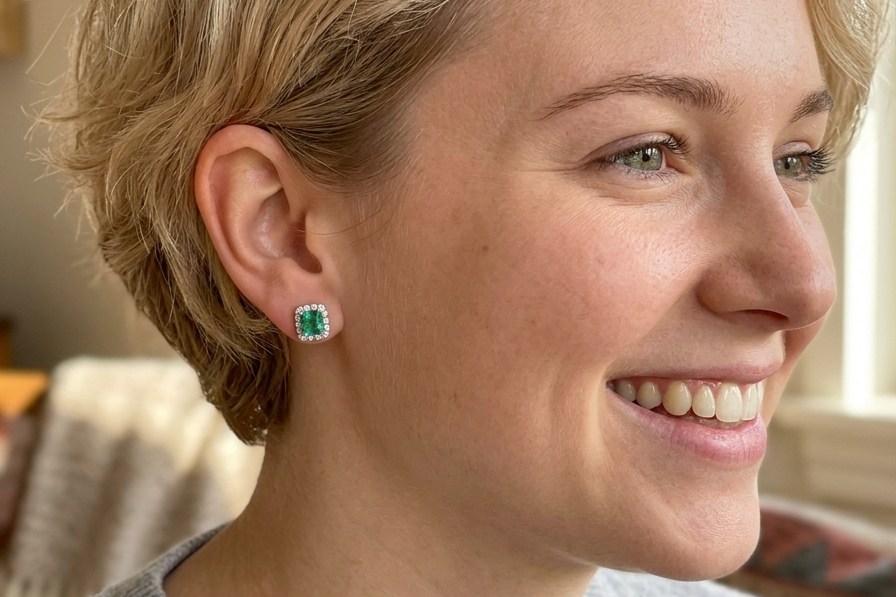 model An exceptional pair of cluster earrings. Each of these beautiful earrings is set with a stunning square cut emerald, measures 7x7mm (est carat size 1.8 carats) excellent colour and clarity with just a few inclusions.