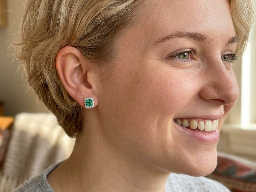 model An exceptional pair of cluster earrings. Each of these beautiful earrings is set with a stunning square cut emerald, measures 7x7mm (est carat size 1.8 carats) excellent colour and clarity with just a few inclusions.