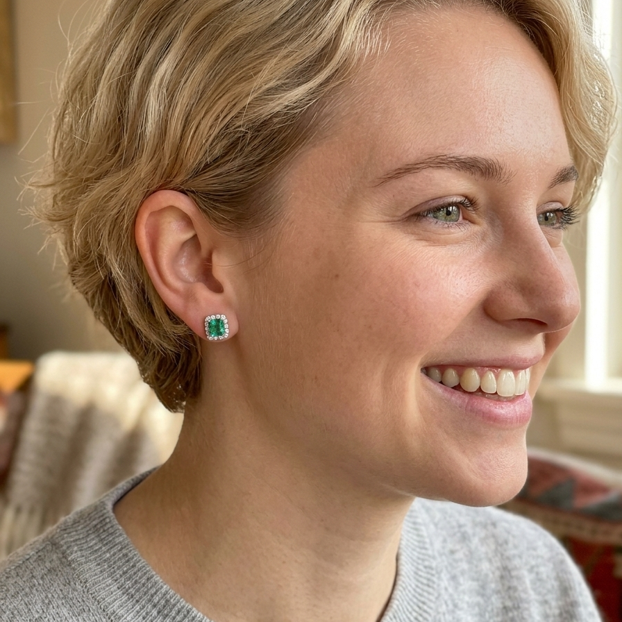 model An exceptional pair of cluster earrings. Each of these beautiful earrings is set with a stunning square cut emerald, measures 7x7mm (est carat size 1.8 carats) excellent colour and clarity with just a few inclusions.