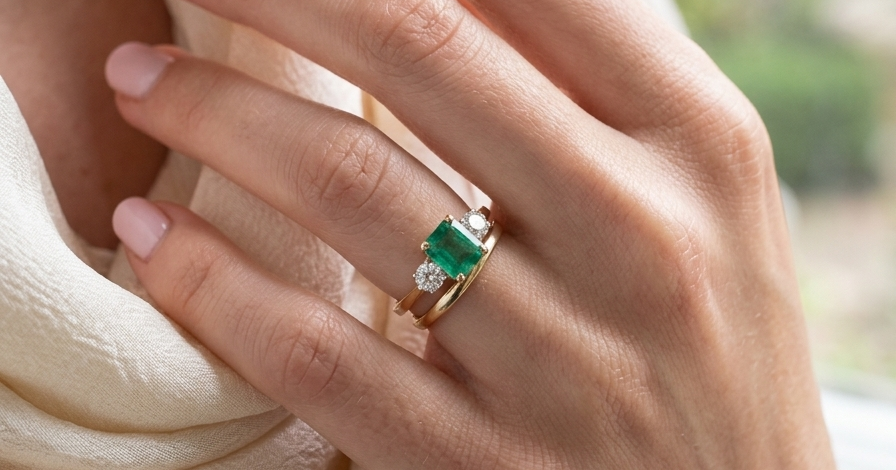 model An exceptional three-stone ring featuring a vibrant step-cut emerald to the centre, measuring 8.6 x 7.0mm and weighing approximately 2.10 carats. The emerald displays a beautiful grass-green colour and is secured in a classic four-claw setting.