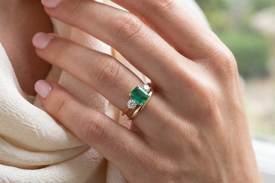 model An exceptional three-stone ring featuring a vibrant step-cut emerald to the centre, measuring 8.6 x 7.0mm and weighing approximately 2.10 carats. The emerald displays a beautiful grass-green colour and is secured in a classic four-claw setting.