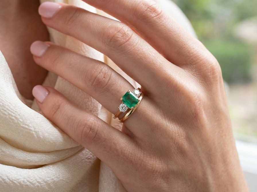 model An exceptional three-stone ring featuring a vibrant step-cut emerald to the centre, measuring 8.6 x 7.0mm and weighing approximately 2.10 carats. The emerald displays a beautiful grass-green colour and is secured in a classic four-claw setting.