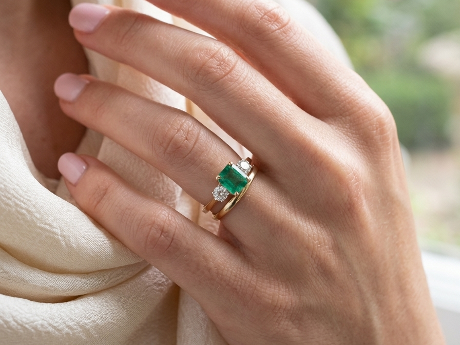 model An exceptional three-stone ring featuring a vibrant step-cut emerald to the centre, measuring 8.6 x 7.0mm and weighing approximately 2.10 carats. The emerald displays a beautiful grass-green colour and is secured in a classic four-claw setting.