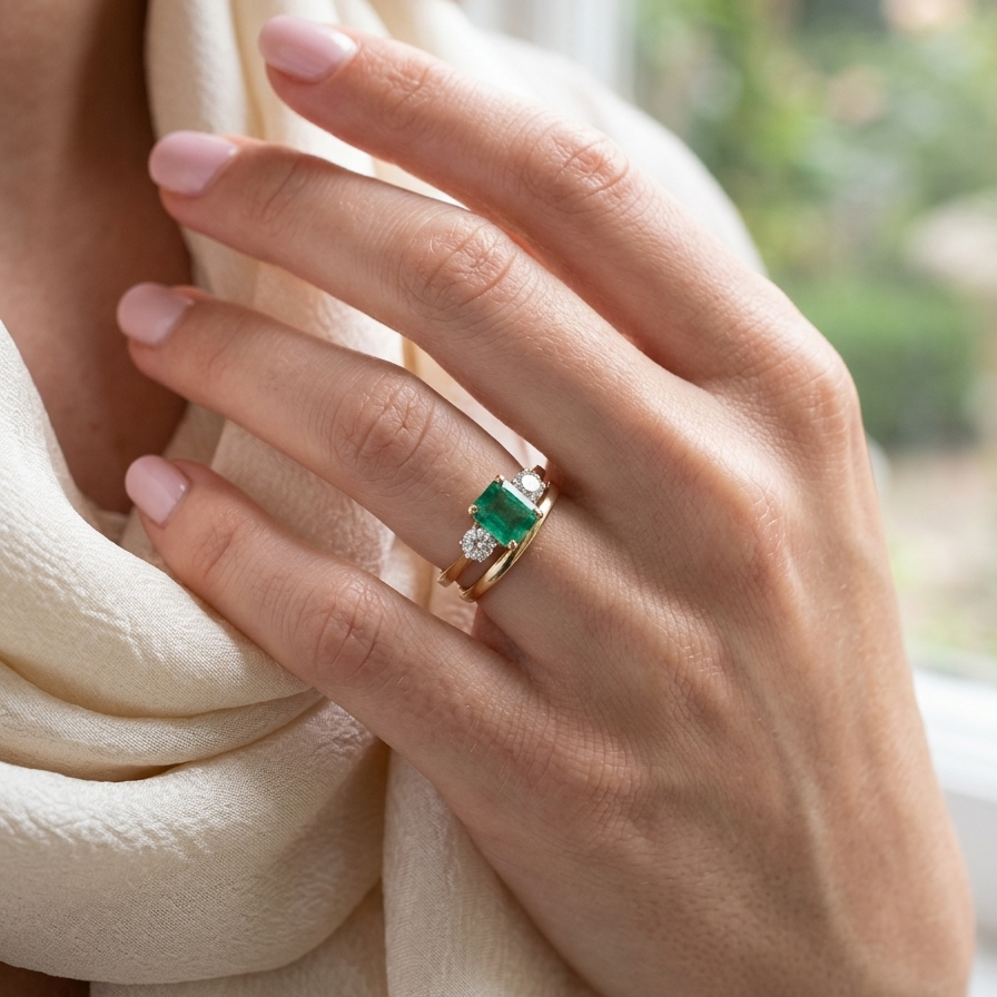 model An exceptional three-stone ring featuring a vibrant step-cut emerald to the centre, measuring 8.6 x 7.0mm and weighing approximately 2.10 carats. The emerald displays a beautiful grass-green colour and is secured in a classic four-claw setting.