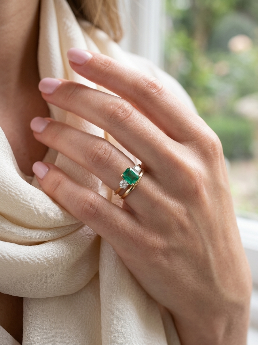 model An exceptional three-stone ring featuring a vibrant step-cut emerald to the centre, measuring 8.6 x 7.0mm and weighing approximately 2.10 carats. The emerald displays a beautiful grass-green colour and is secured in a classic four-claw setting.