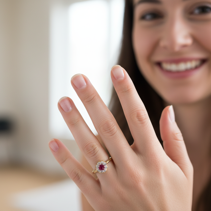 model An exquisite vintage cluster ring centred around a 5 mm ruby,( 0.50 carats)