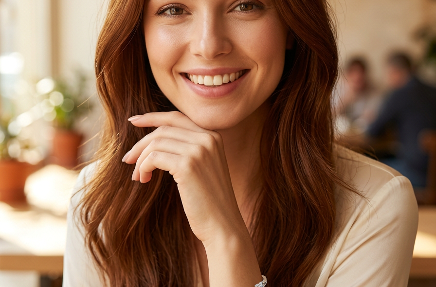 model An impressive 9 carat gold bangle.
Three 'kiss' shaped sections , each set with nine brilliant cut white diamonds