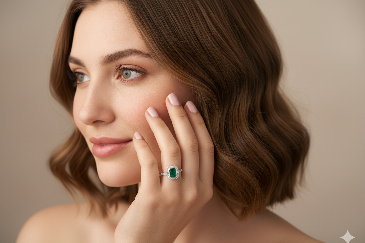 Emerald cluster ring on hand