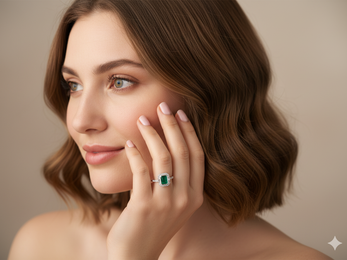 An  Emerald and Diamond Cluster Ring – 18 carat White Gold