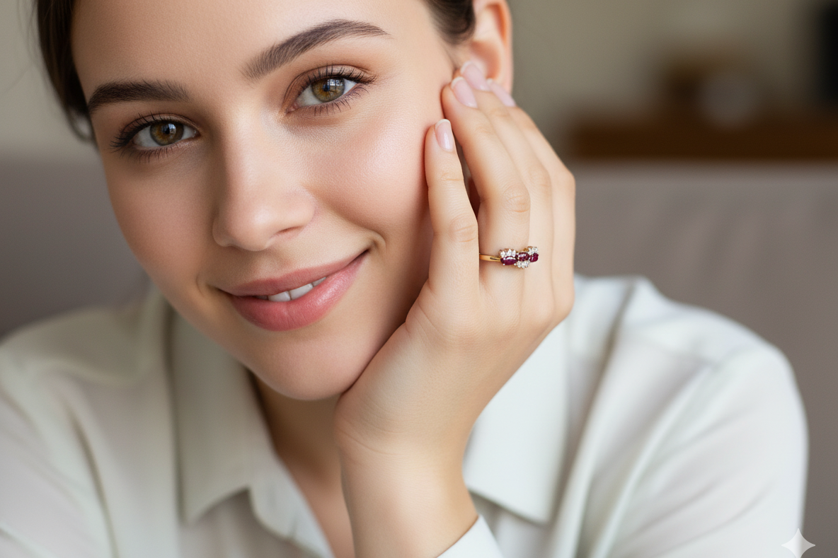 model An unusual ring featuring three marquise-cut rubies (5×3 mm each).