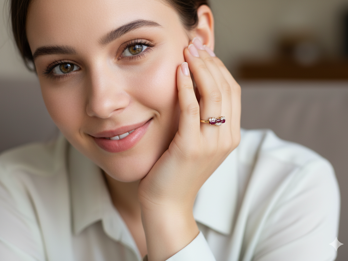 model An unusual ring featuring three marquise-cut rubies (5×3 mm each).