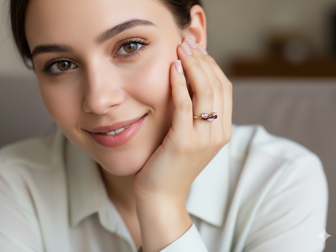 model An unusual ring featuring three marquise-cut rubies (5×3 mm each).