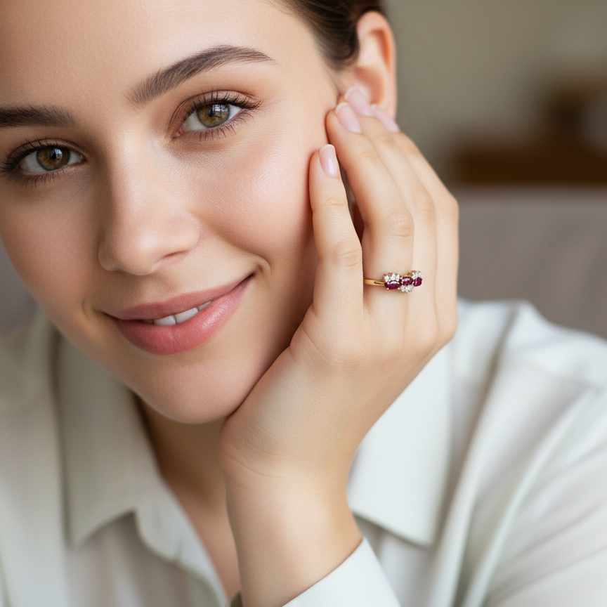 model An unusual ring featuring three marquise-cut rubies (5×3 mm each).