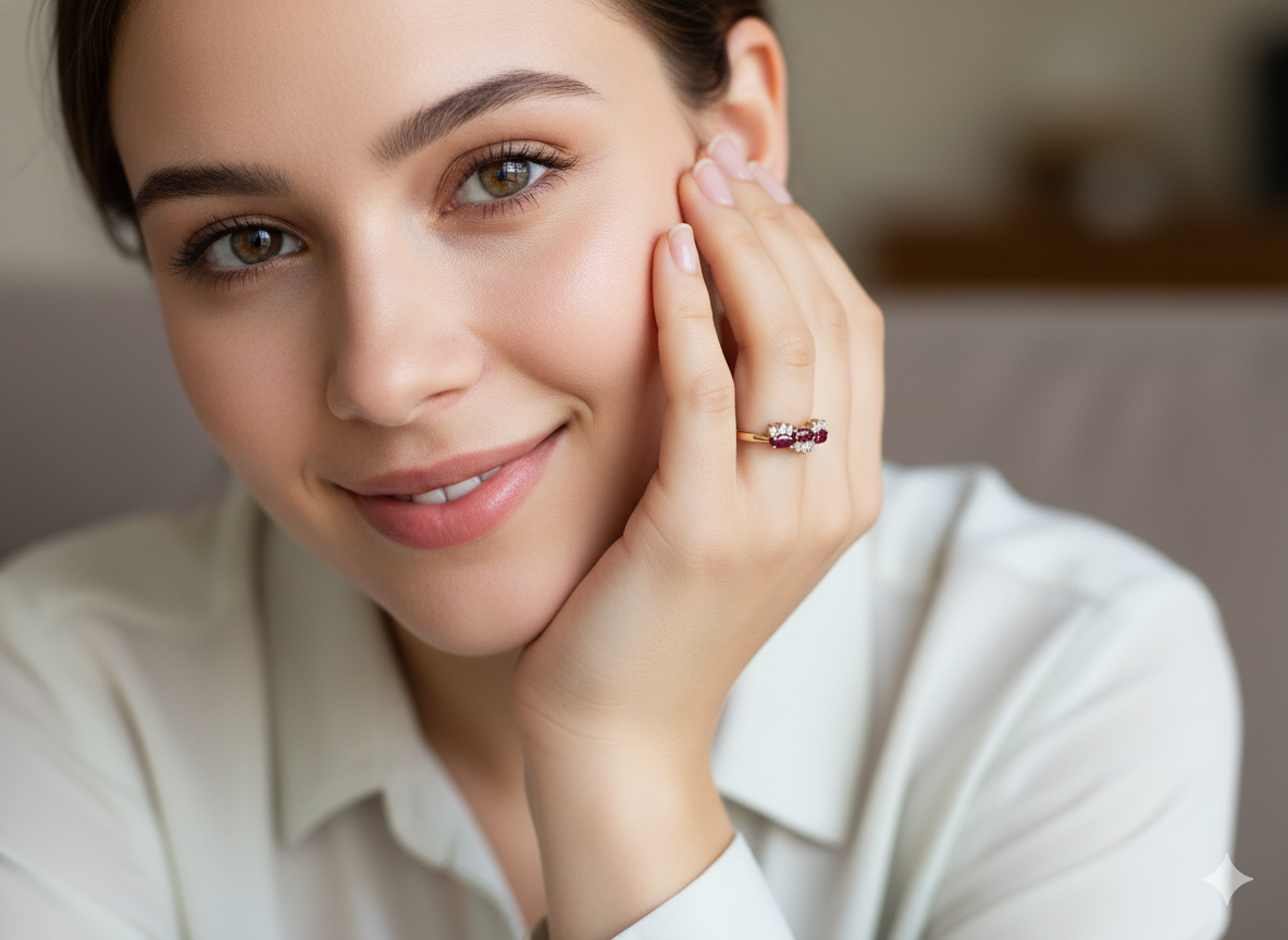 model An unusual ring featuring three marquise-cut rubies (5×3 mm each).