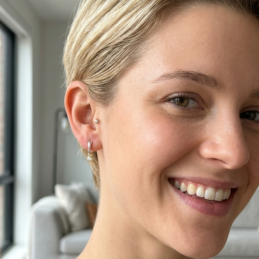 model An unusual pair of earrings. The design like a French horn is fashioned in 18 carat white gold, measures 18x 10mm.