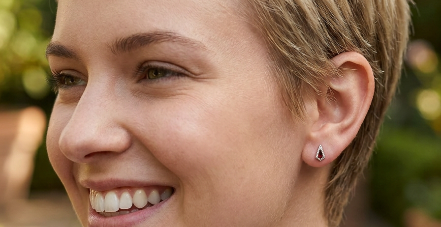 model An unusual shaped pair of earrings. To the centre a kite shaped garnet 6x3.7mm.