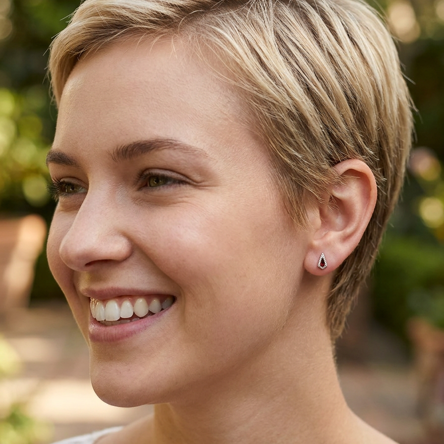 model An unusual shaped pair of earrings. To the centre a kite shaped garnet 6x3.7mm.