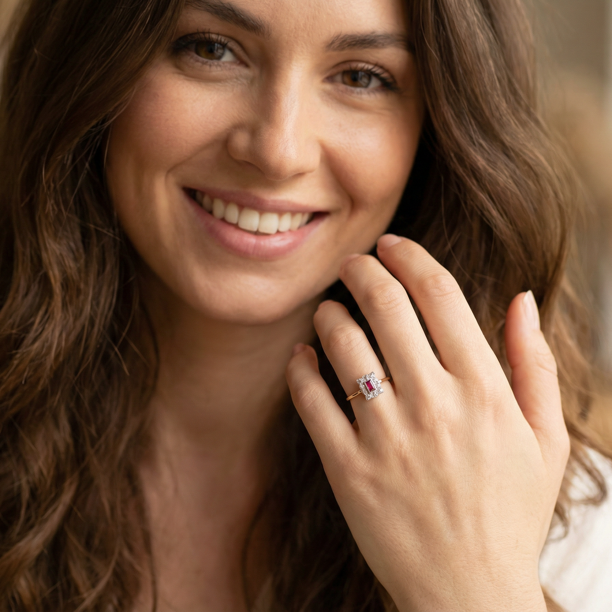 model Edwardian-era cluster ring ruby and diamond
