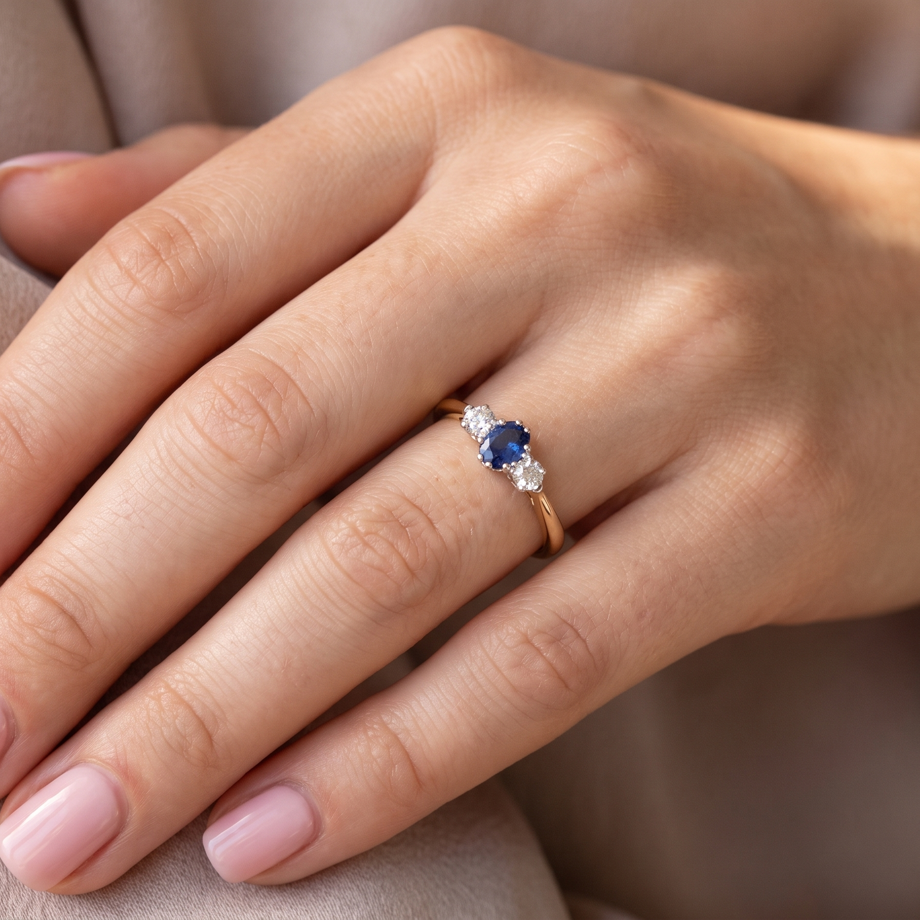 model The classic trilogy ring, this features to the centre a round mid to dark blue sapphire and each side a brilliant cut white diamond