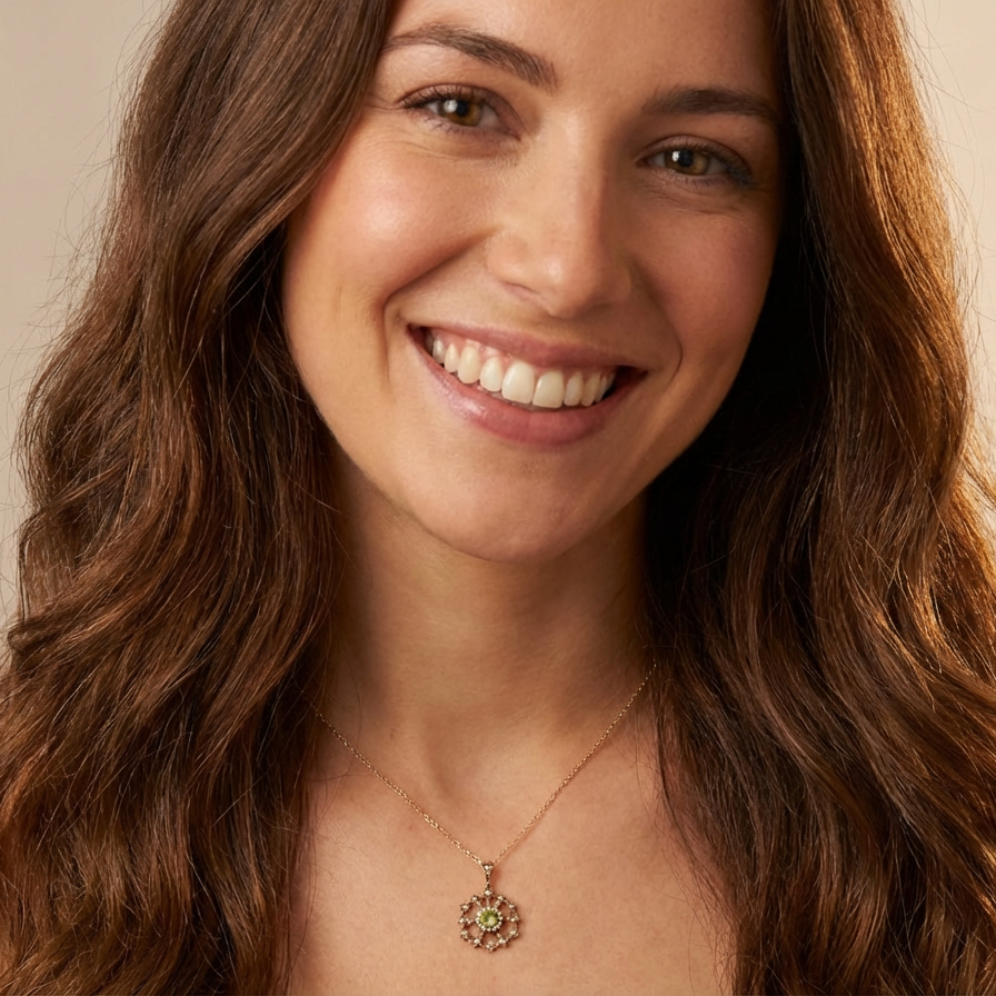 model This exquisite piece features a 6mm peridot at its centre, framed by a delicate border of fine seed pearls.