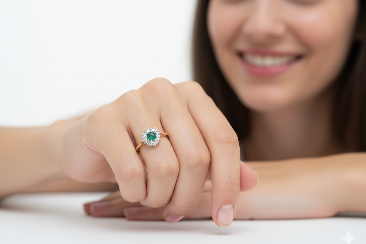 model beautiful cluster ring featuring a 6mm round emerald