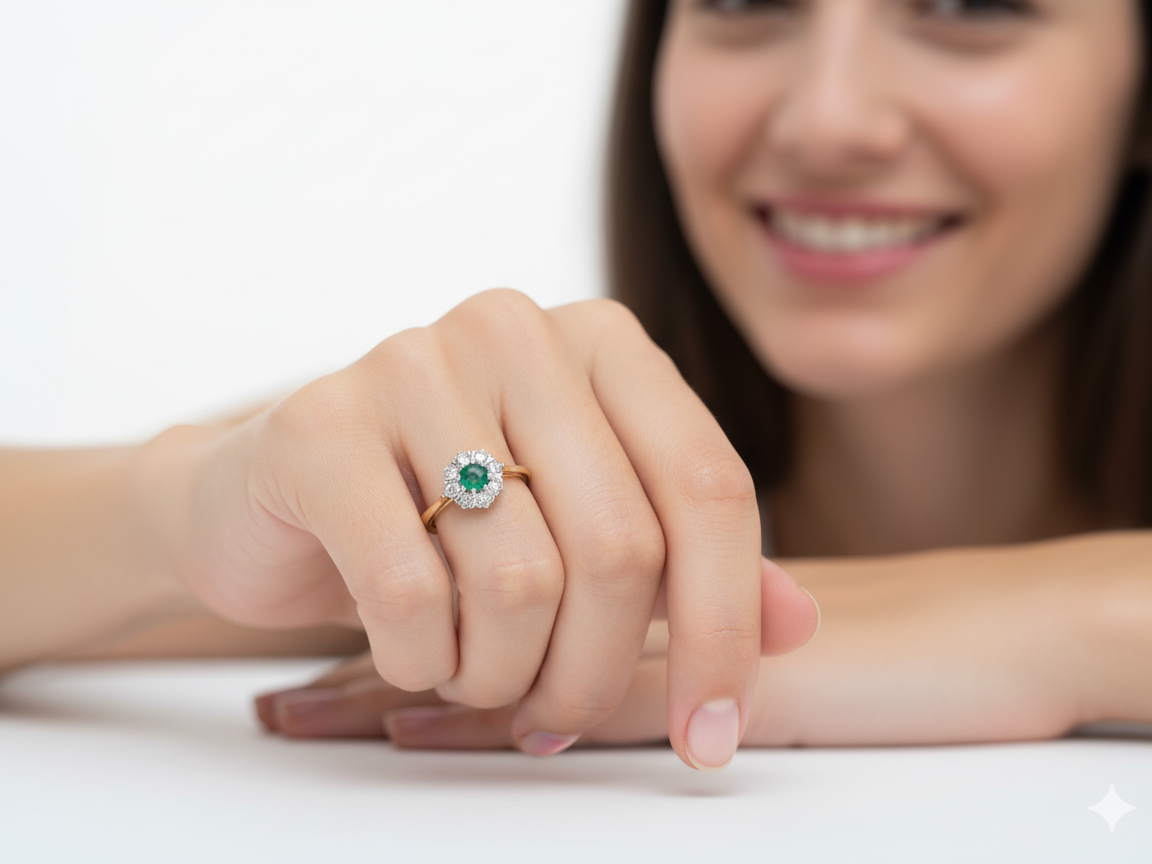 model beautiful cluster ring featuring a 6mm round emerald