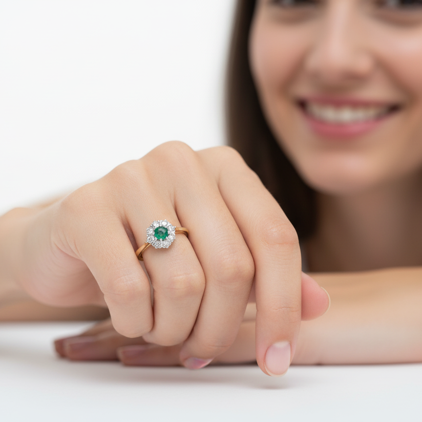 model beautiful cluster ring featuring a 6mm round emerald