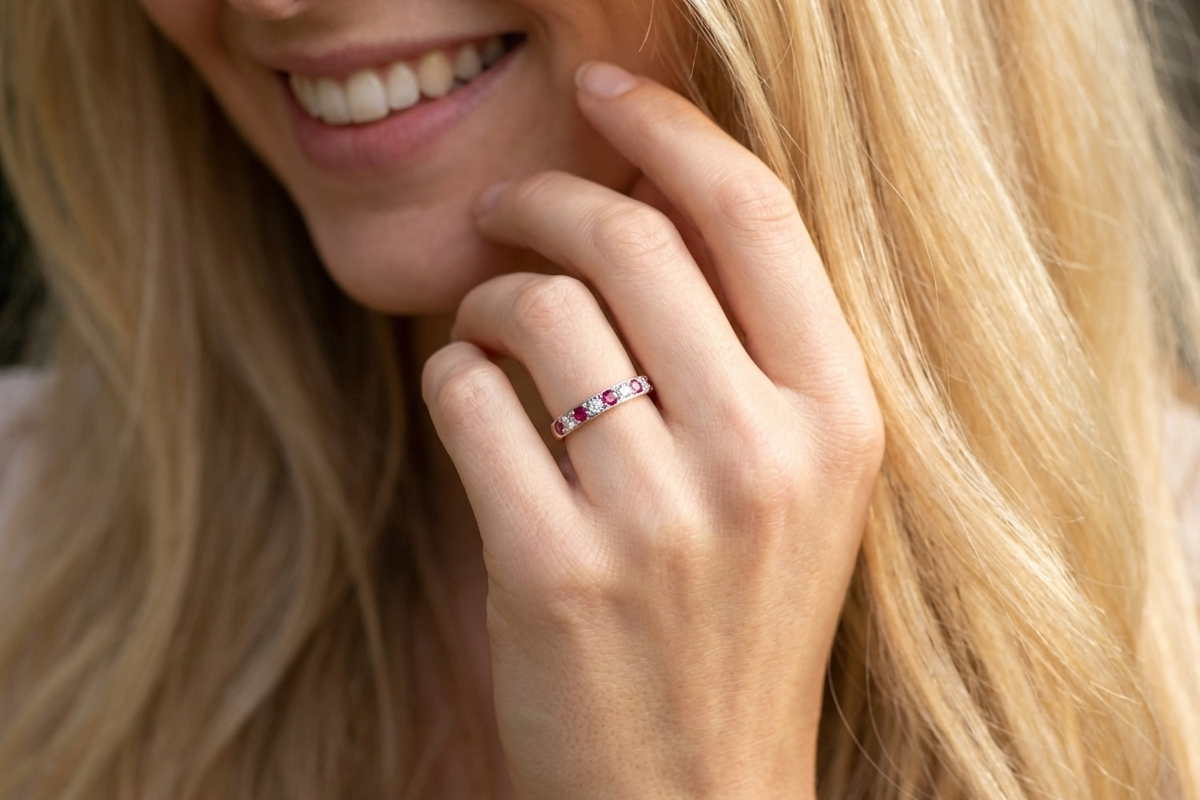 model beautifully crafted 18 carat gold half-hoop eternity ring,