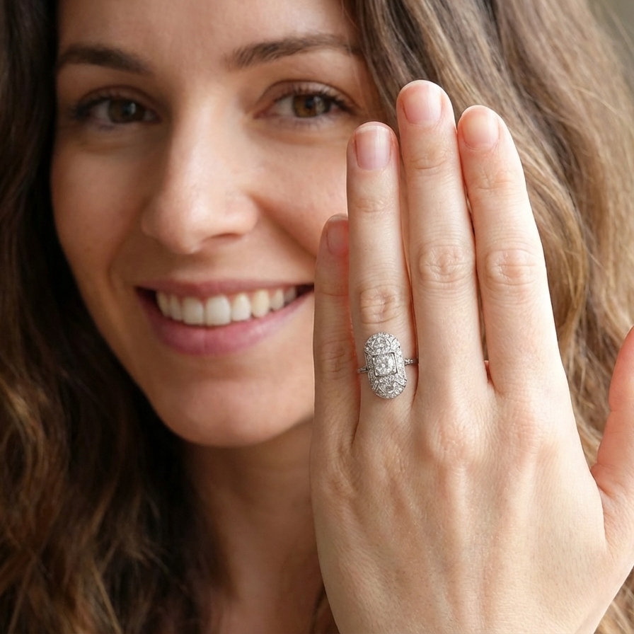 model beautifully crafted Art Deco plaque-style diamond ring, s