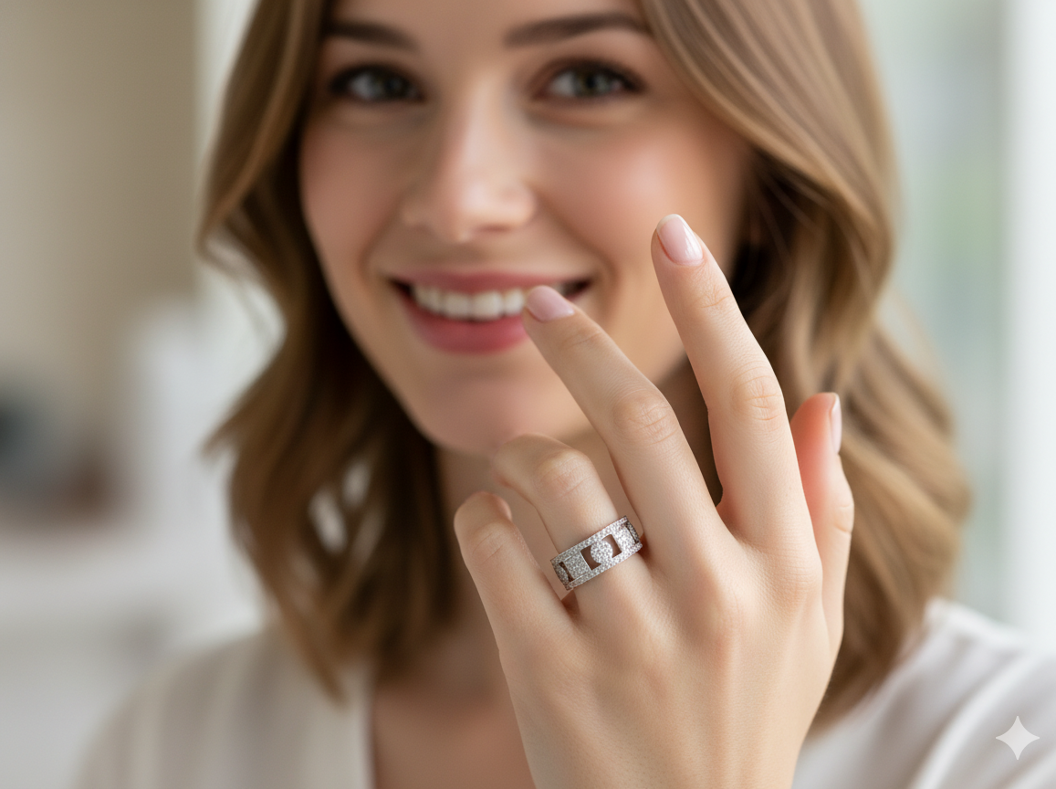 model captivating design, this 18-carat white gold band